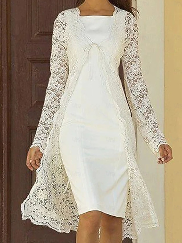 Two Piece Sheath Column Tea Length Wedding Guest Dress Mother of the Bride Dress Sleeveless Square Neck Elegant Wedding Guest Wedding Party Church Chiffon Lace Jacket Dresses with Lace Solid Color - Ivory