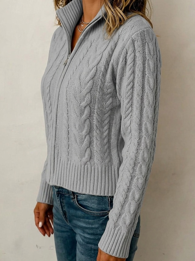 Women's Sweater Cardigan Sweater Streetwear Work Casual Solid Color Cable Stand Collar Zipper Long Sleeve Crop Tops Knit White Black Fall Winter - Gray