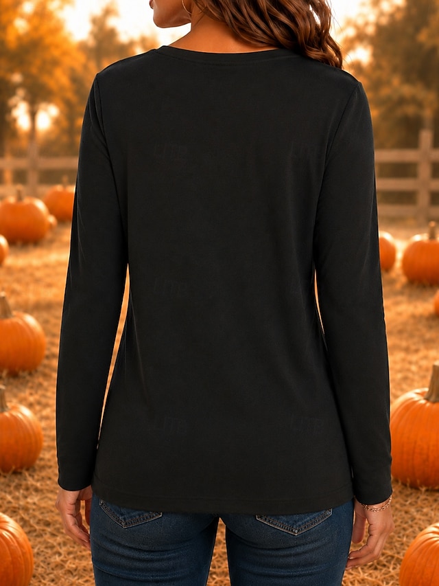 Halloween Women's Flying Witch Orange Full Moon Graphic T Shirt Long Sleeve Crew Neck Vintage Spooky Casual Top Black - Orange