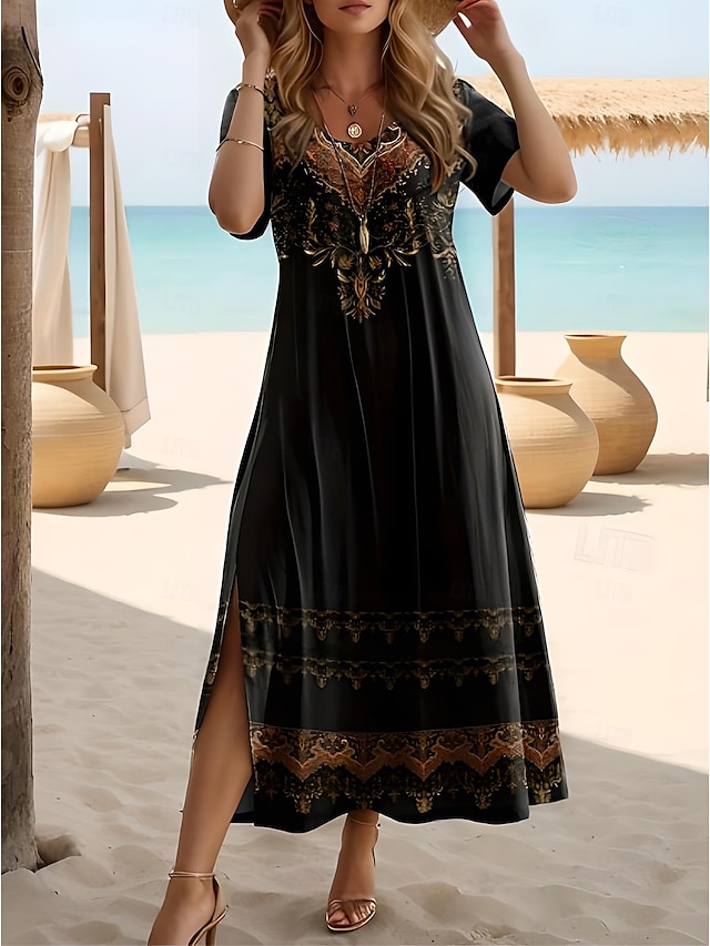 Women's Midi Dress Sundress A Line Dress Vacation Casual Boho Butterfly Sleeve Beach Regular Fit Graphic Tribal Short Sleeve Crewneck Blue Light Blue Black Gold Black Summer Spring - Black