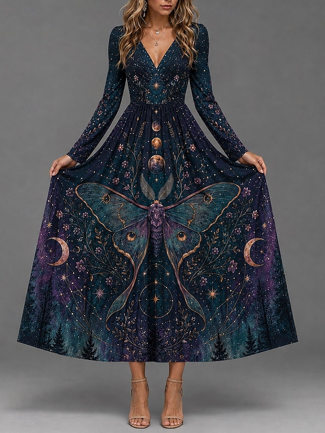 Halloween Women's Maxi Dress A Line Dress Vintage Boho Party Ombre Graphic Cat Long Sleeve V Neck Blue Purple Orange Fall Winter - Blue