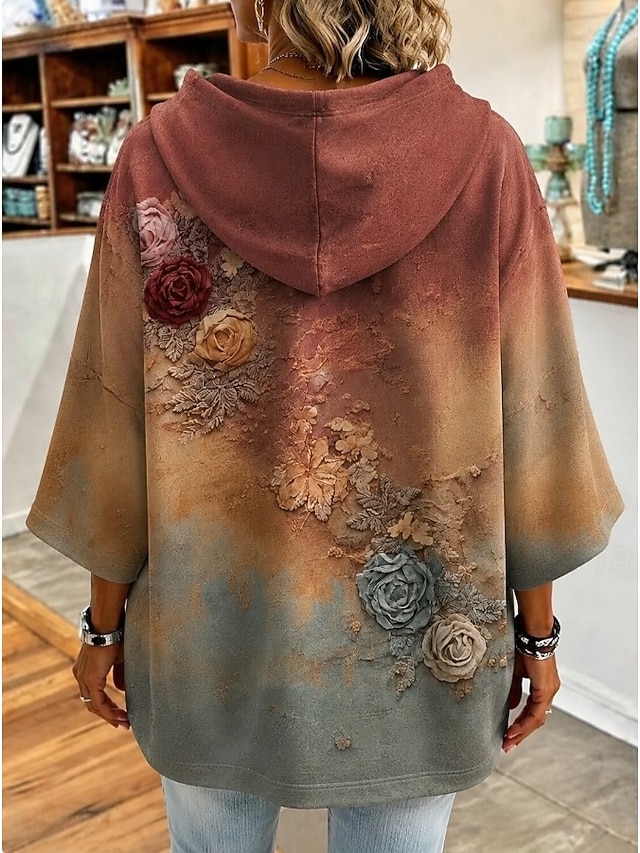 Women's Pullover Sweatshirt Patchwork Graphic Geometric Abstract Fashion Casual Print 3/4 Length Sleeve Hooded Regular Tops Casual Street Orange Brown Green Spring Fall Winter - Brown