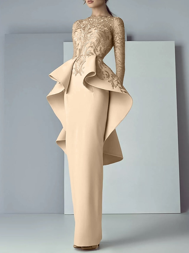 Sheath Column Floor Length Wedding Guest Dress Formal Dresses Evening Gown Mother of the Bride Dress Long Sleeve Scoop Neck Elegant Party Formal Wedding Guest Lace Stretch Fabric with Ruffles - Champagne