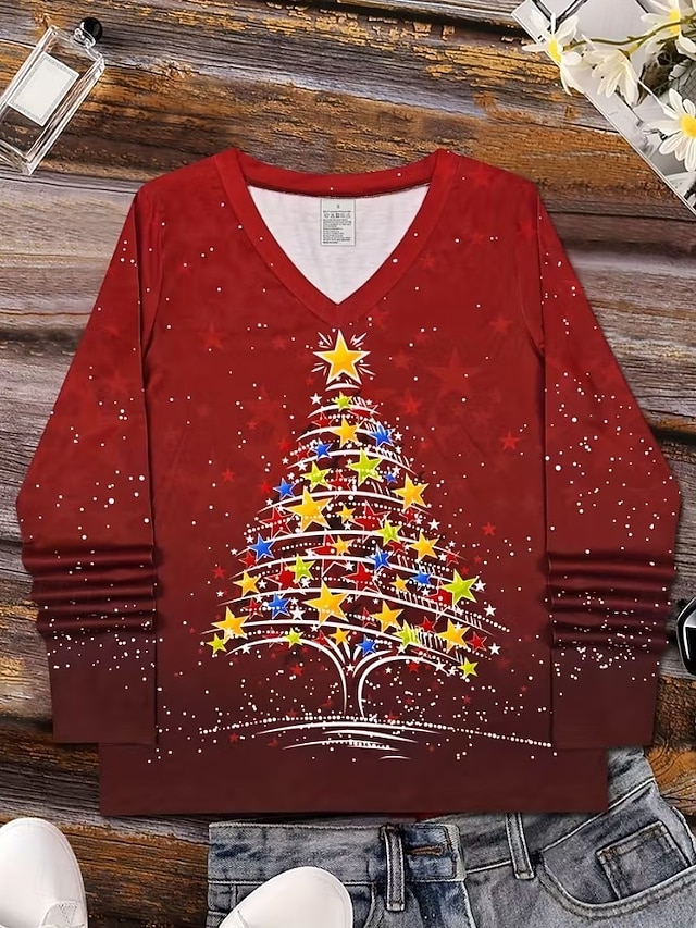 Christmas Women's T Shirt Graphic Vintage Stylish Classic Long Sleeve V Neck Regular Tops Daily Print Gray / Red Black+White+Red Black Wine Red Spring Fall Winter - Wine