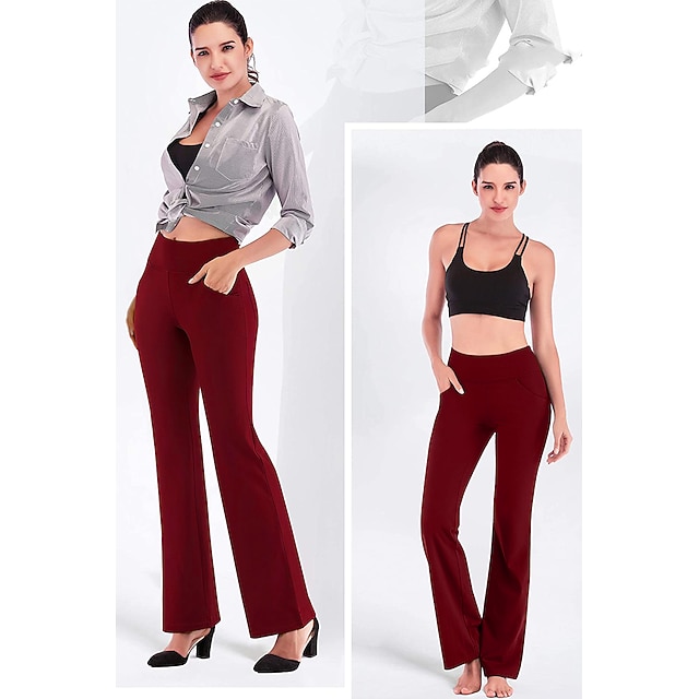 Women's High Waist Yoga Pants Side Pockets Bootcut Leggings Tummy Control 4 Way Stretch Quick Dry Dark Grey Wine Fitness Gym Workout Dance Summer Sports Activewear High Elasticity - Black