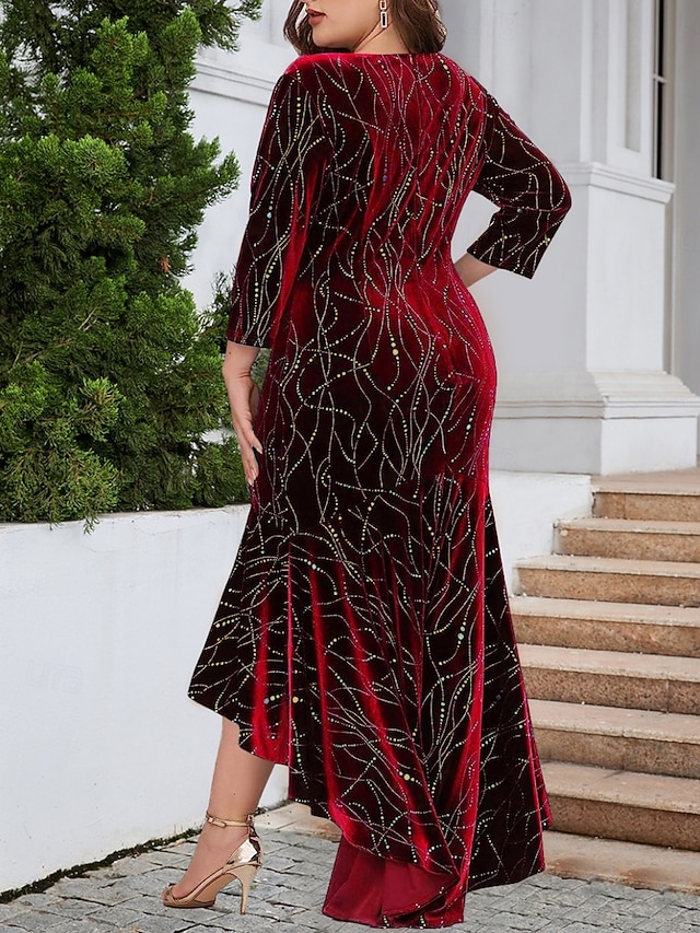 Women's Plus Size Velvet Dress Graphic Crew Neck Long Sleeve Spring Fall Elegant Fashion Modern Maxi long Dress Formal Christmas Dress - Wine