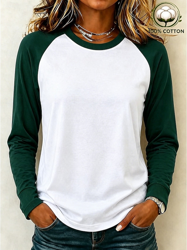 Women's Shirt 100% Cotton Stylish Casual Beach Long Sleeve Crew Neck Regular Tops Casual Blue Black Brown Green Spring Fall Winter - Green
