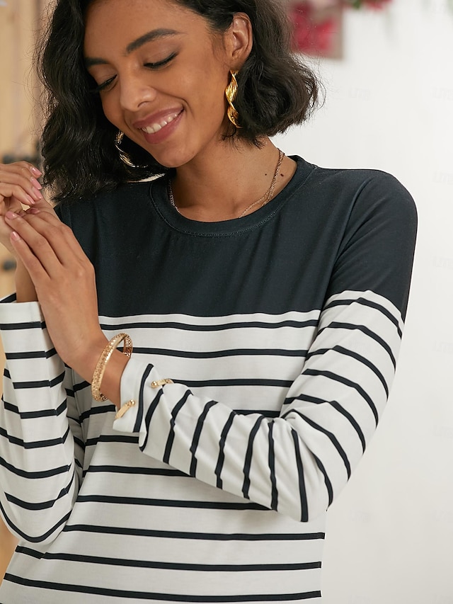 Women's T shirt Long Sleeve Crew Neck Long Sleeve Tunic Striped Basic Round Neck Regular Tops Daily Weekend Print Black White Red Blue Gray Fall & Winter Prefall - Black