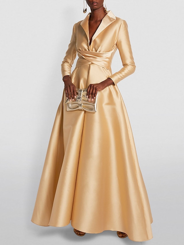 A-Line Floor Length Wedding Guest Dress Formal Dresses Flare Dress Mother of the Bride Dress Long Sleeve Shirt Collar Elegant Formal Wedding Guest Satin with Ruched - Vibrant Yellow