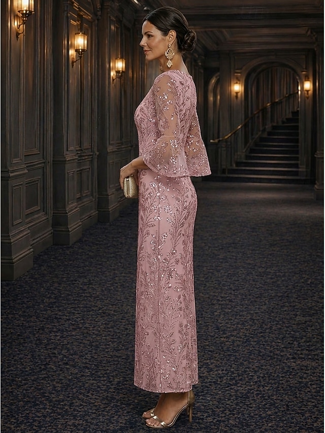 A-Line Dress Floor Length Ankle Length Cocktail Dress Mother of the Bride Dress Long Sleeve V Neck Elegant Luxurious Sparkle & Shine Formal Wedding Guest Semi Formal Lace with Beading Sequin - Dusty Rose