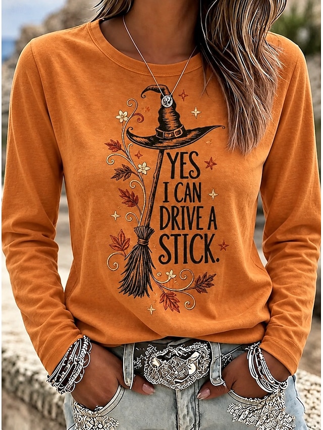 Halloween Women's T Shirt Halloween Witch Vintage Stylish Classic Long Sleeve Crew Neck Regular Tops Casual Orange Spring Fall - Orange