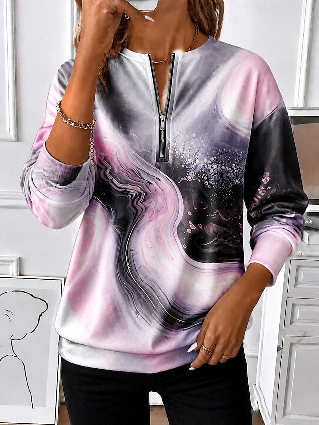 Women's Pullover Sweatshirt Zip Up Sweatshirts Zipper Print Floral Graphic Paisley Fashion Casual Long Sleeve Crew Neck Regular Tops Casual Street Dailywear Blue White Pink Spring Fall Winter - Pink