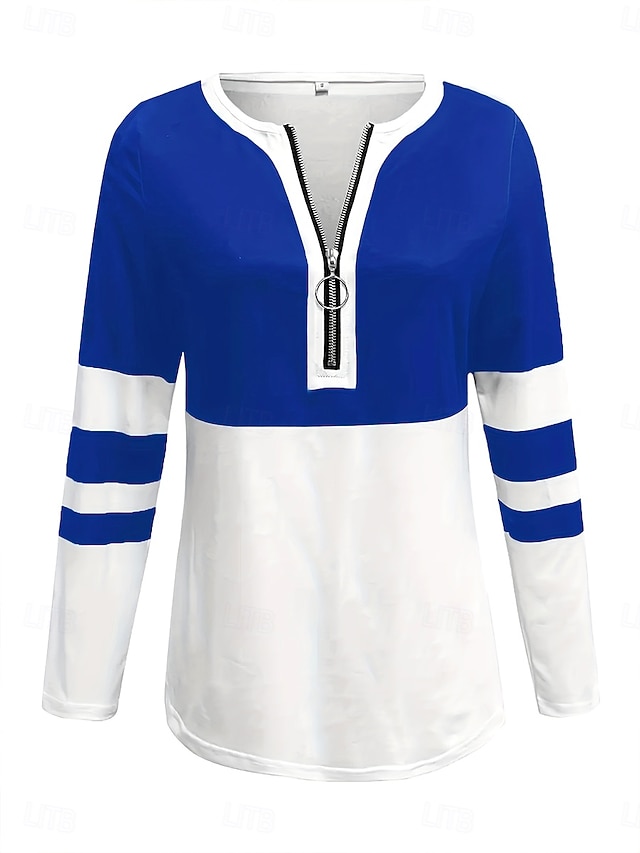 Women's T shirt Long Sleeve Graphic Color Block Striped Elegant Vintage Stylish Long Sleeve V Neck Regular Tops Daily Weekend Zipper Print Black Red Royal Blue Spring Fall Prefall - Royal Blue
