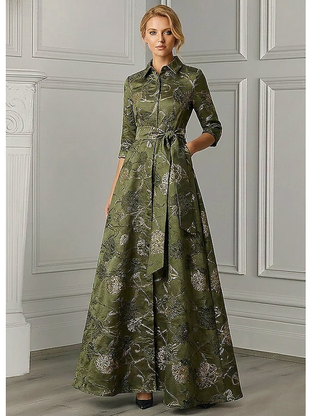 A-Line Floor Length Shirt Dress Formal Dresses Evening Gown Mother of the Bride Dress 3/4 Length Sleeve Shirt Collar Elegant Minimalist Formal Wedding Guest Semi Formal Jacquard with Sash / Ribbon - Clover