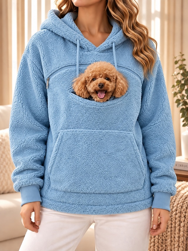 Women's Pet Carrier Hoodie Pet Pouch Hoodie Fleece Drawstring Zip Up Pocket Plain Casual Long Sleeve Hooded High Neck Regular Tops Blue White Ash Black Pink Fall Winter - Blue