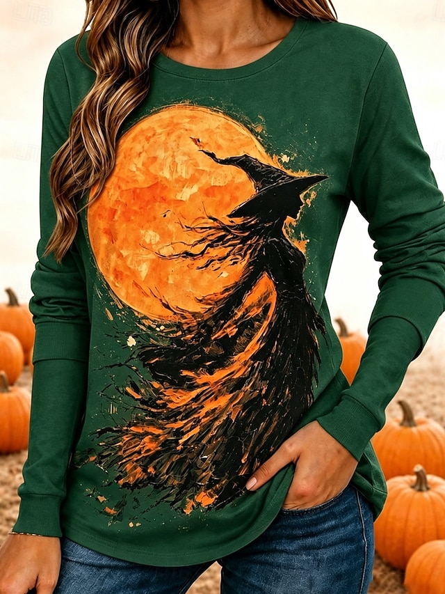 Halloween Women's Flying Witch Orange Full Moon Graphic T Shirt Long Sleeve Crew Neck Vintage Spooky Casual Top Black - Green