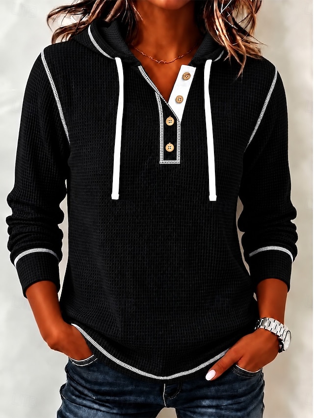 Women's Waffle Polo Shirts Hoodies Patchwork Active Vacation Vintage Long Sleeve Hooded Regular Tops Casual Daily Holiday Blue Black Spring Fall Winter - Black