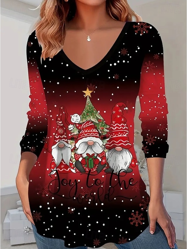 Christmas Women's T Shirt Graphic Vintage Stylish Classic Long Sleeve V Neck Regular Tops Daily Print White / Black Black+White+Red Black Wine Red Spring Fall Winter - Black