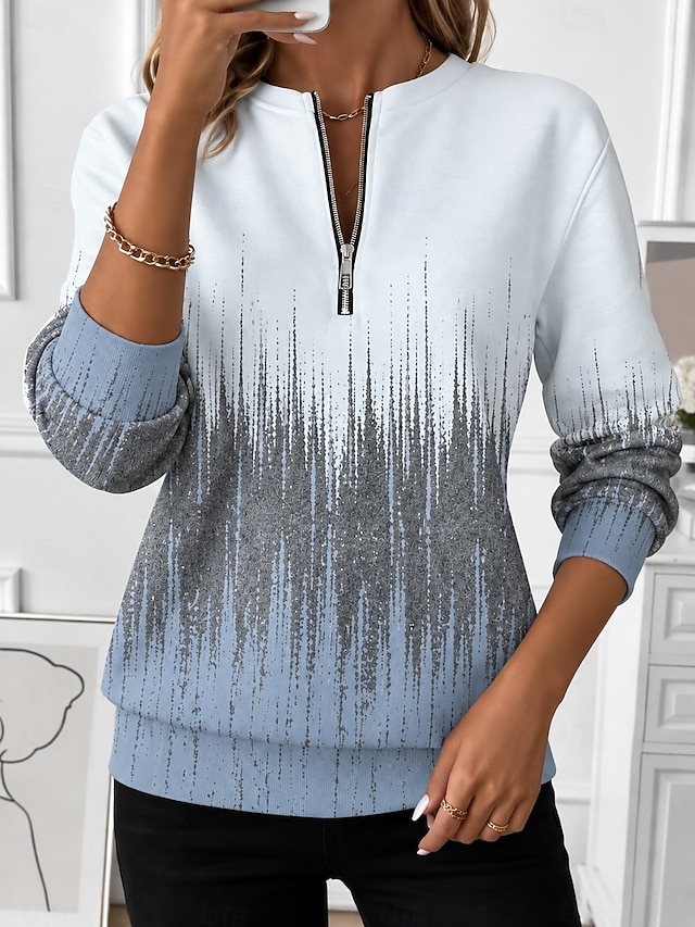 Women's Zip Up Sweatshirts Zipper Print Graphic Geometric Fashion Casual Long Sleeve Round Neck Regular Tops Street Dailywear Blue Pink Purple khaki Summer Spring Fall - Blue