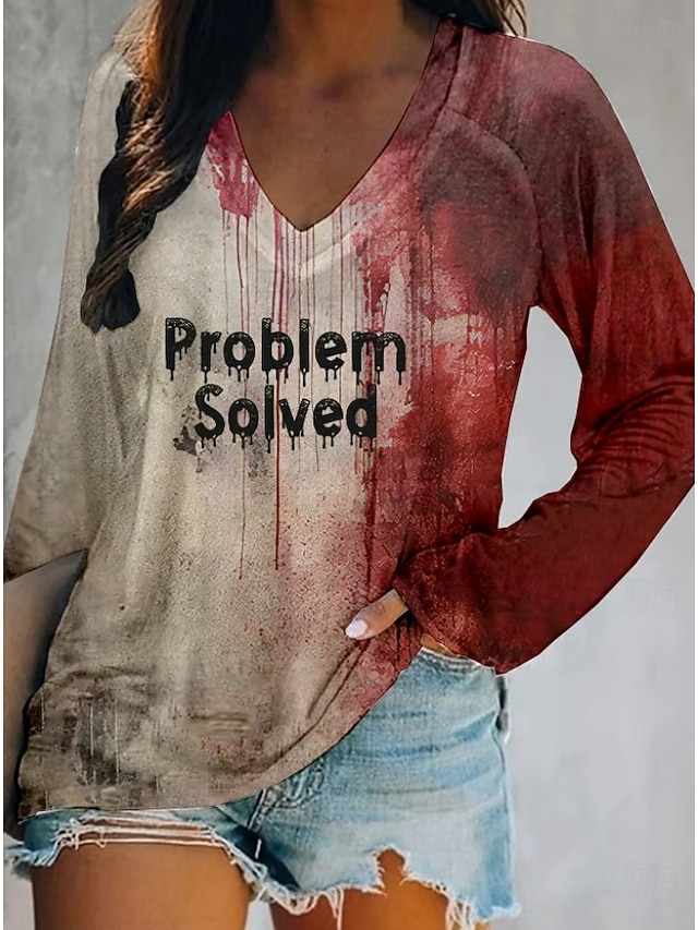 Halloween Women's Problem Solved Bloody Graphic T Shirt Blood Splatter Ombre Print Long Sleeve V Neck Casual Top Wine Red Beige - Light Brown