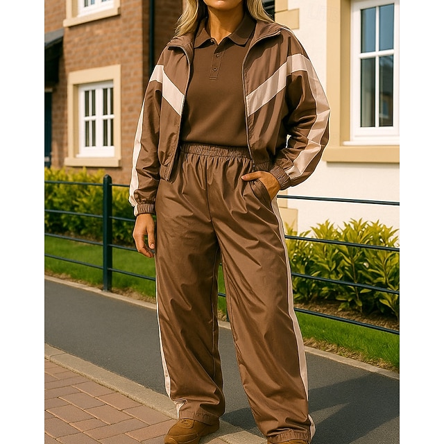 Women's Tracksuit Sweatpants Track Pants Zipper Pocket Solid Colored Clothing Suit Spring Fall White Black Gym Running Training Windproof Long Sleeve Sport Activewear Micro-elastic Regular - Coffee