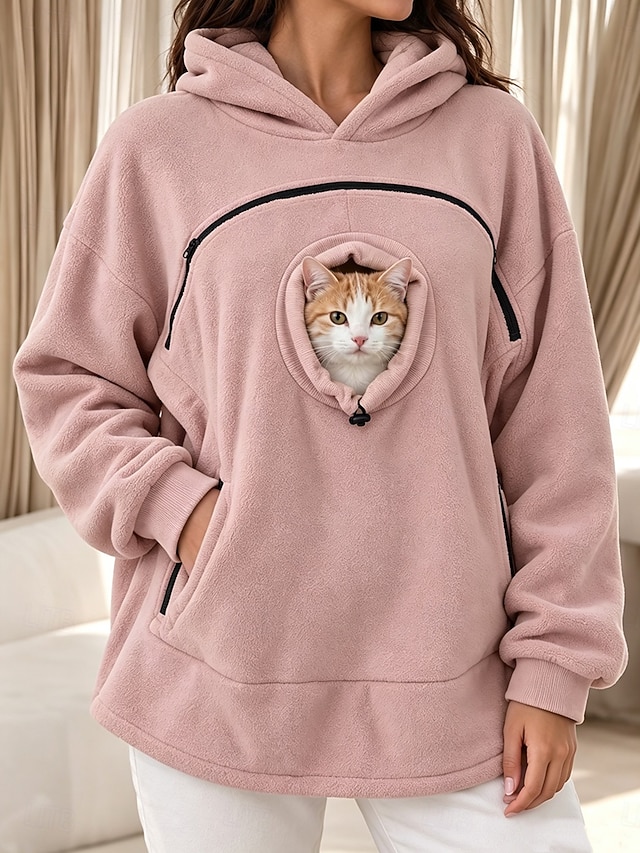 Women's Pet Carrier Hoodie Pet Pouch Hoodie Fleece Casual Long Sleeve Hooded Regular Tops pale pinkish gray Black Olive Green Yellow Red Fall Winter - pale pinkish gray