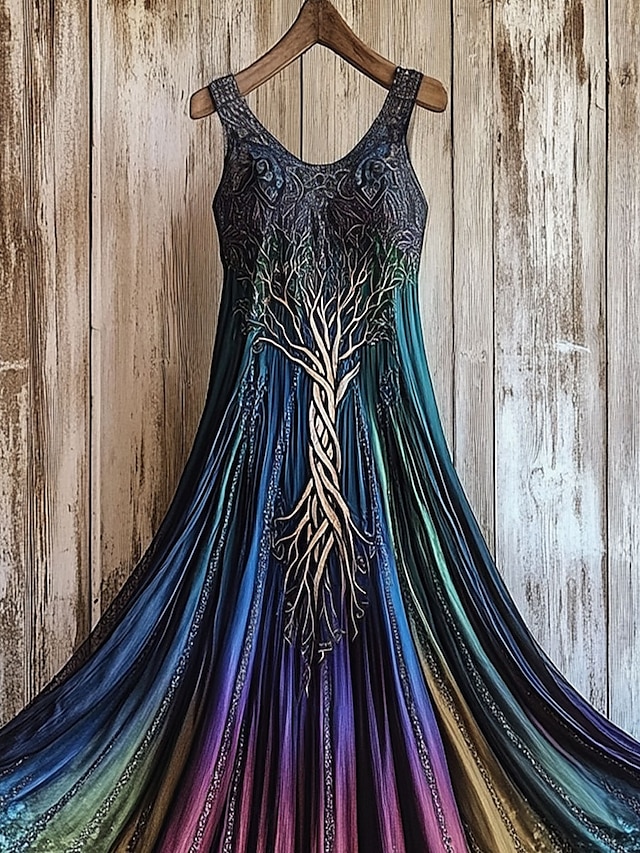 Women's Maxi Dress A Line Dress Off The Shoulder Dress Vacation Casual Party Regular Fit Ombre Graphic Sleeveless Square Neck Purple Orange Green Summer Spring - Green