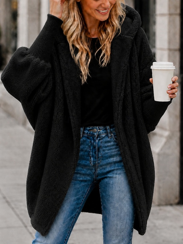 Women's Winter Coat Teddy Coat Warm Comfortable Open Front Casual Plain Casual Vacation Street Daily Wear Open Front Long Hooded Long Sleeve Outerwear Navy Black Pink Fall Winter - Black