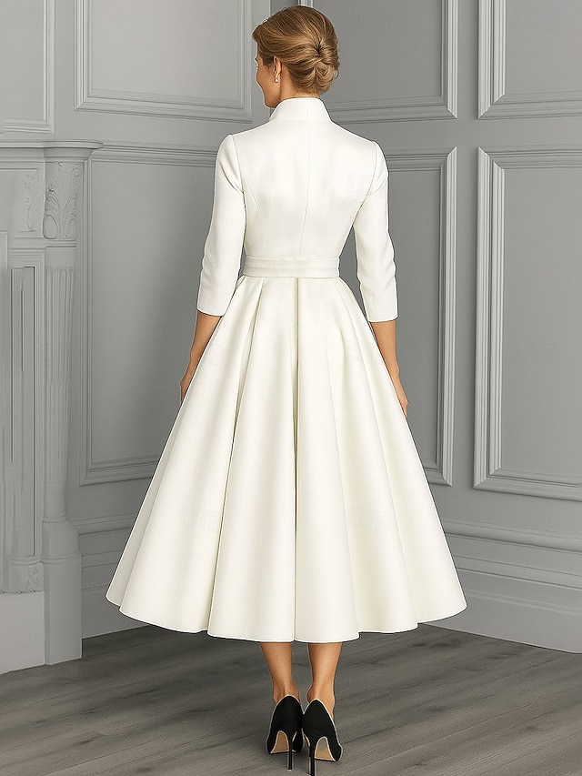 A-Line Ankle Length Party Dress Cocktail Dress Wedding Guest Dress Mother of the Bride Dress Long Sleeve V Neck Elegant Vintage Party Formal Evening Wedding Party Birthday with Pleats - White
