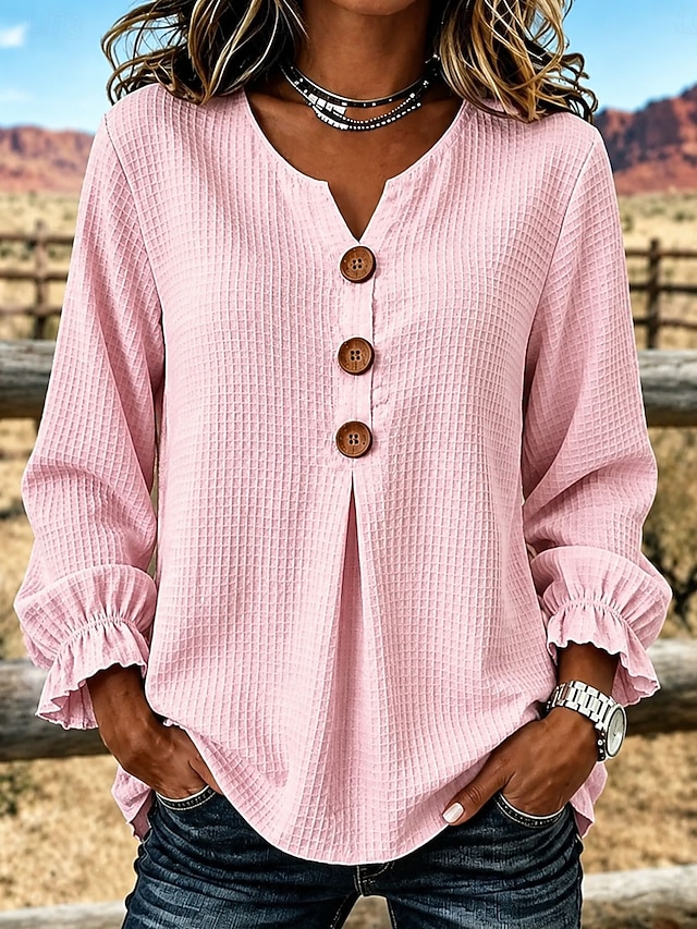 Women's Waffle Blouse Solid Color Vintage Stylish Basic Long Sleeve V Neck Regular Tops Casual Daily Blue Yellow Pink Apricot Summer Spring Fall - Pink