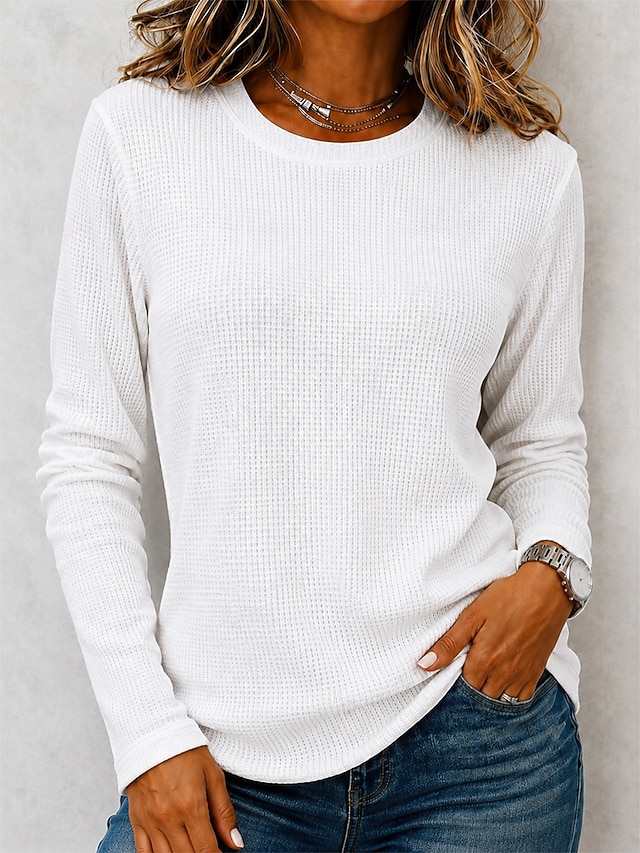 Women's Waffle Shirt Blouse Knit Shirts Texture Solid Color Fashion Stylish Basic Long Sleeve Crew Neck Collar Regular Tops Casual Daily Halloween Going out Blue White Orange Spring Fall Winter - White