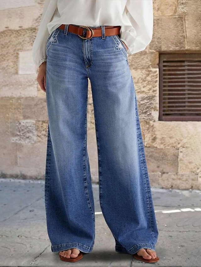 Women's Jeans Denim Wide Leg Fashion Streetwear Casual Full Length Medium Waist Plain Pocket Comfortable Micro-elastic Daily Outdoor Vacation Blue Spring Fall Loose Fit - Blue