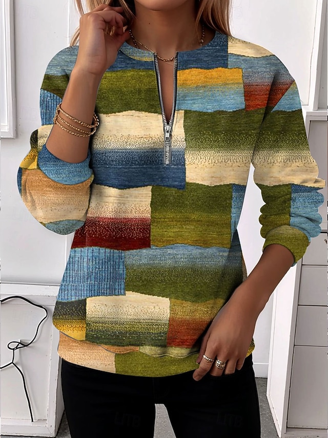 Women's Zip Up Sweatshirts Zipper Print Graphic Geometric Abstract Fashion Casual Long Sleeve Round Neck Half Zip Regular Tops Casual Street Dailywear Yellow Red Green Spring Fall - Green