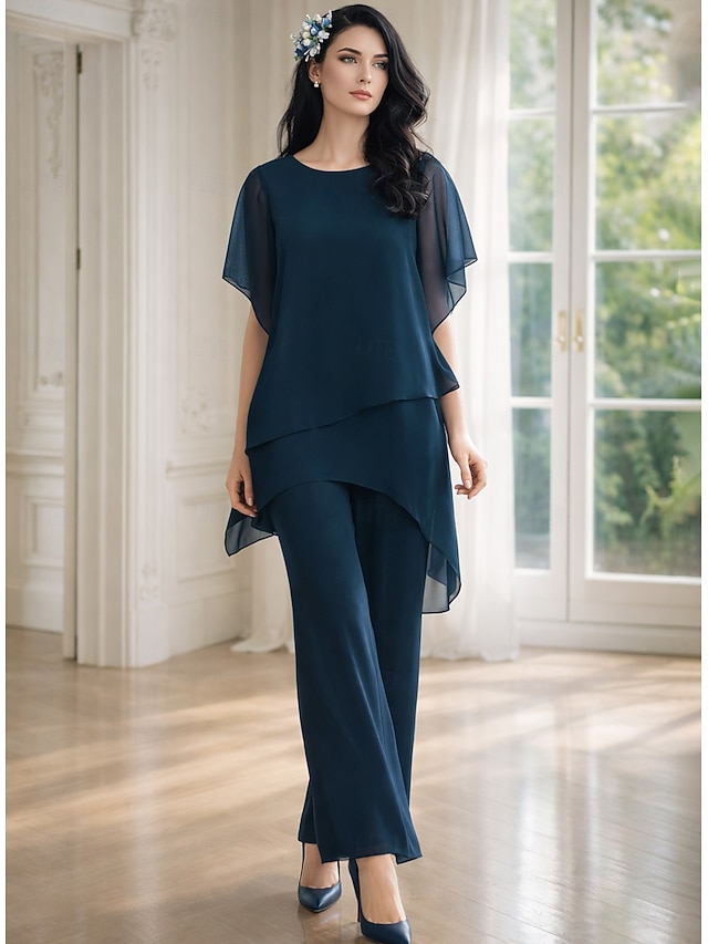 Pantsuit Asymmetrical Mother of the Bride Dress Short Sleeve Shirt Collar Elegant Formal Wedding Guest Formal Evening Chiffon with Solid Color - Navy Blue
