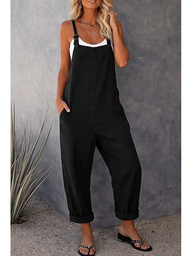 Women's Jumpsuits Casual Bib Utility Rompers Side Pockets Full Length Pants Weekend Inelastic Plain Faux Linen Comfort Mid Waist Green Black Red S M L XL XXL Summer Fall Dungarees - Black