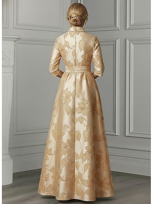 A-Line Floor Length Shirt Dress Formal Dresses Evening Gown Mother of the Bride Dress 3/4 Length Sleeve Shirt Collar Elegant Minimalist Formal Wedding Guest Semi Formal Jacquard with Sash / Ribbon - Champagne