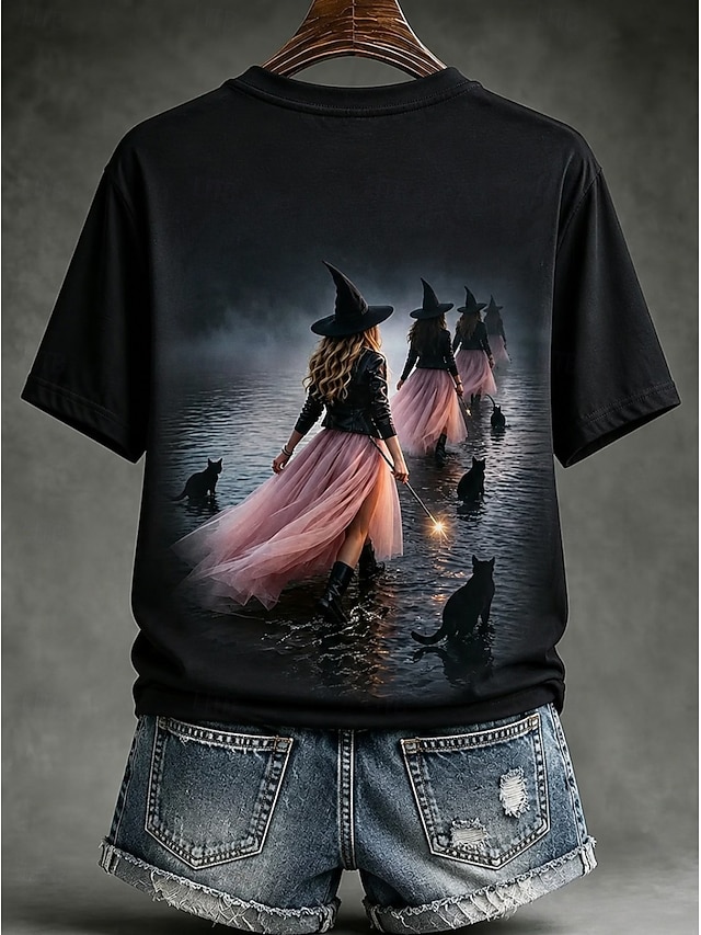 Halloween Women's T Shirt Print Graphic Abstract Witch Vintage Stylish Classic Short Sleeve V Neck Regular Tops Casual Daily Weekend Ash Black Pink Green Summer Spring Fall Winter - Black
