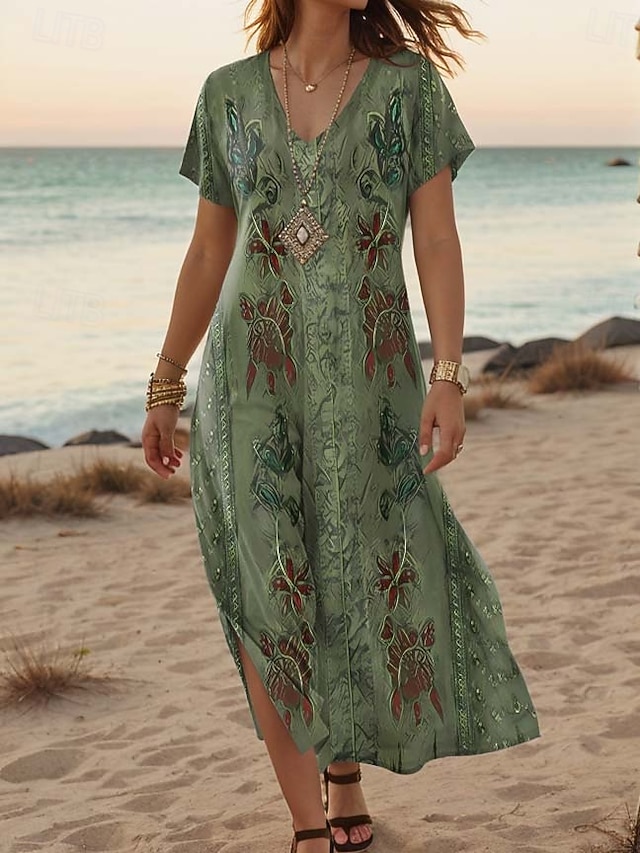 Women's Maxi Dress Casual Dress A Line Dress Stylish Casual Vacation Daily Regular Fit Floral Short Sleeve V Neck White Light Green Blue Green Summer Spring - Green