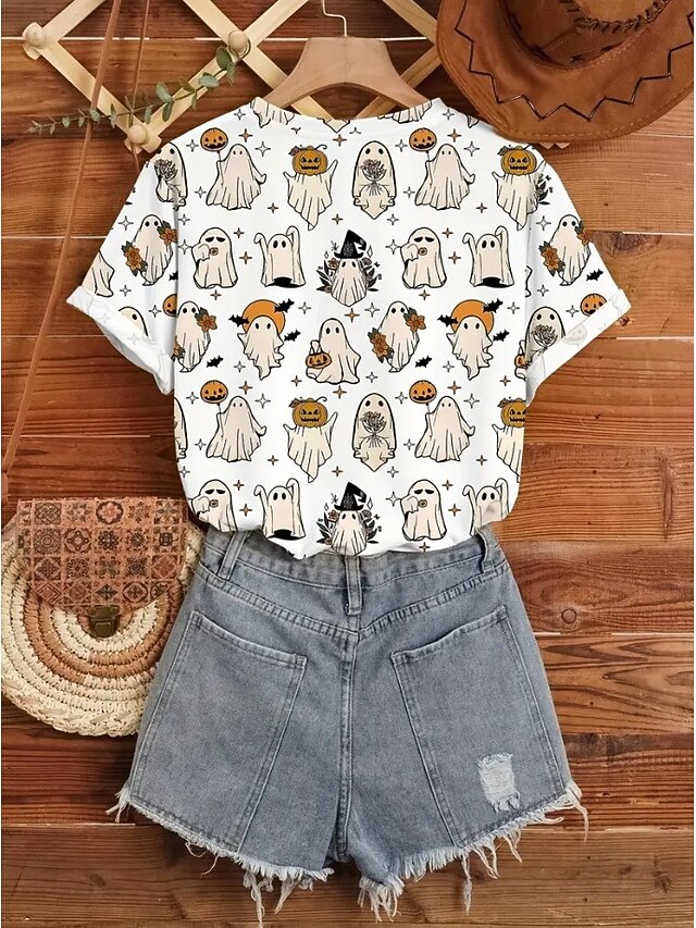 Halloween Women's Happy Halloween Pumpkin Bat Print T Shirt Jack O Lantern Spider Moon Graphic Short Sleeve Crew Neck Casual Top Orange Black - White