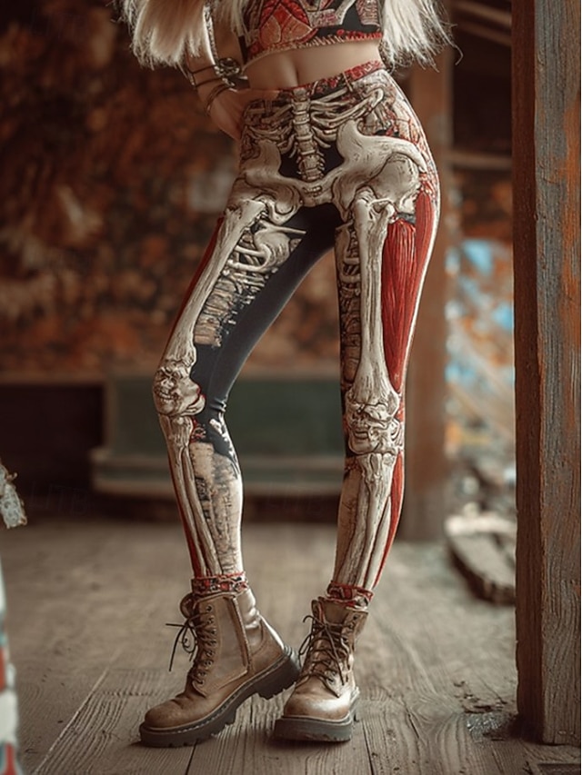 Halloween Women's Skeleton Anatomy Print Leggings Bone Muscle Graphic High Waist Full Length Stretchy Gothic Costume Pants Black Red - Orange