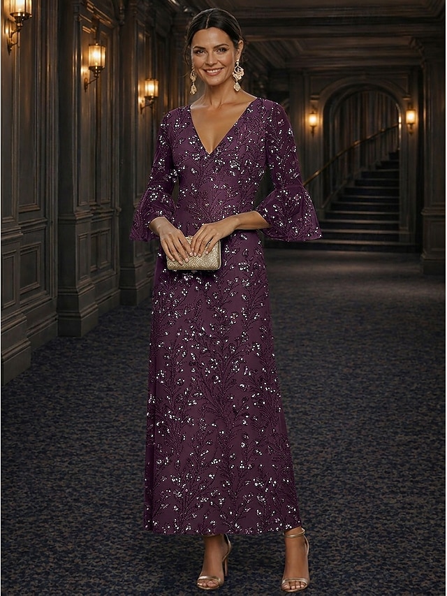 A-Line Dress Floor Length Ankle Length Cocktail Dress Mother of the Bride Dress Long Sleeve V Neck Elegant Luxurious Sparkle & Shine Formal Wedding Guest Semi Formal Lace with Beading Sequin - Grape