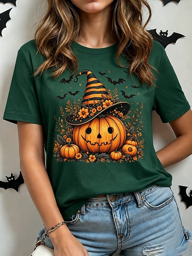Halloween Women's T Shirt Print Graphic Pumpkin Vintage Stylish Classic Short Sleeve Crew Neck Regular Tops Casual Daily Weekend Black Wine Orange Green Fall Winter - Green