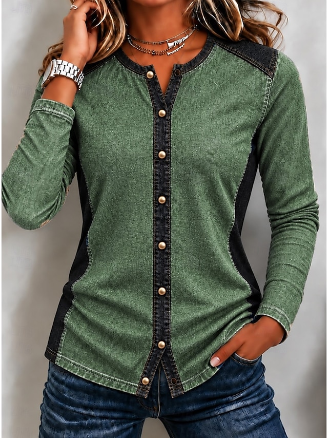 Women's Denim Blouse Denim Shirt Henley Shirt Patchwork Plain Vintage Fashion Stylish Long Sleeve Turndown Regular Tops Casual Beach Khaki Green Summer Spring Fall Winter - Green