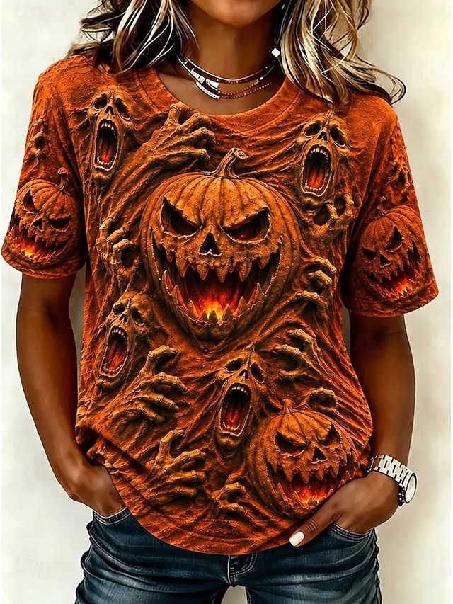 Halloween Women's T Shirt Print Graphic Pumpkin Vintage Stylish Classic Short Sleeve Crew Neck Regular Tops Casual Daily Ash Orange Green Fall Winter - Orange