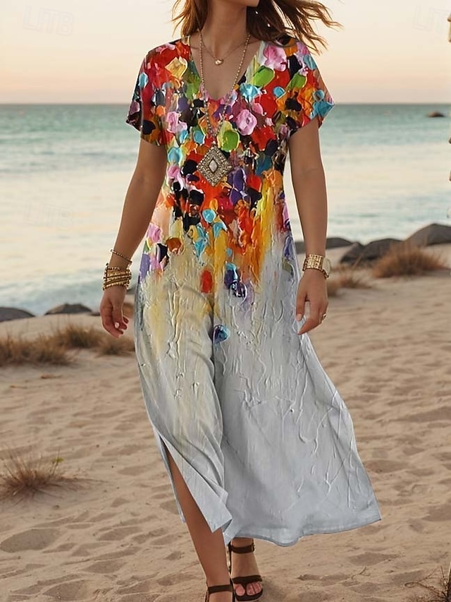 Women's Maxi Dress Casual Dress A Line Dress Stylish Casual Vacation Daily Regular Fit Floral Short Sleeve V Neck White Light Green Blue Green Summer Spring - Gray