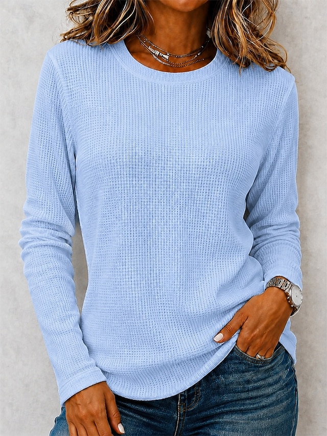Women's Waffle Shirt Blouse Knit Shirts Texture Solid Color Fashion Stylish Basic Long Sleeve Crew Neck Collar Regular Tops Casual Daily Halloween Going out Blue White Orange Spring Fall Winter - White
