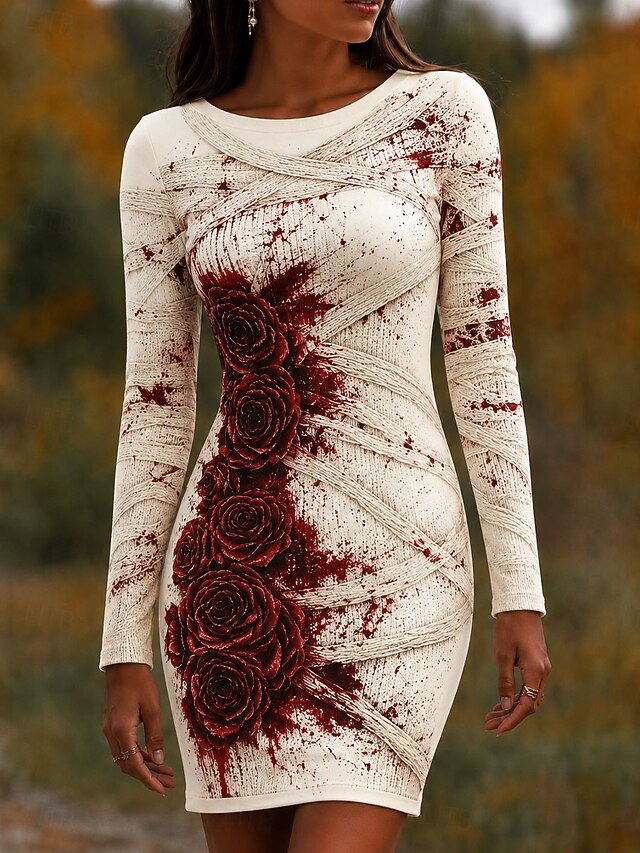 Halloween Women's Mini Dress T Shirt Dress Tee Dress Bodycon Dress Vacation Casual Party Slim Long Sleeve Crew Neck Round Neck White Black Wine Red Spring Fall Winter - Black