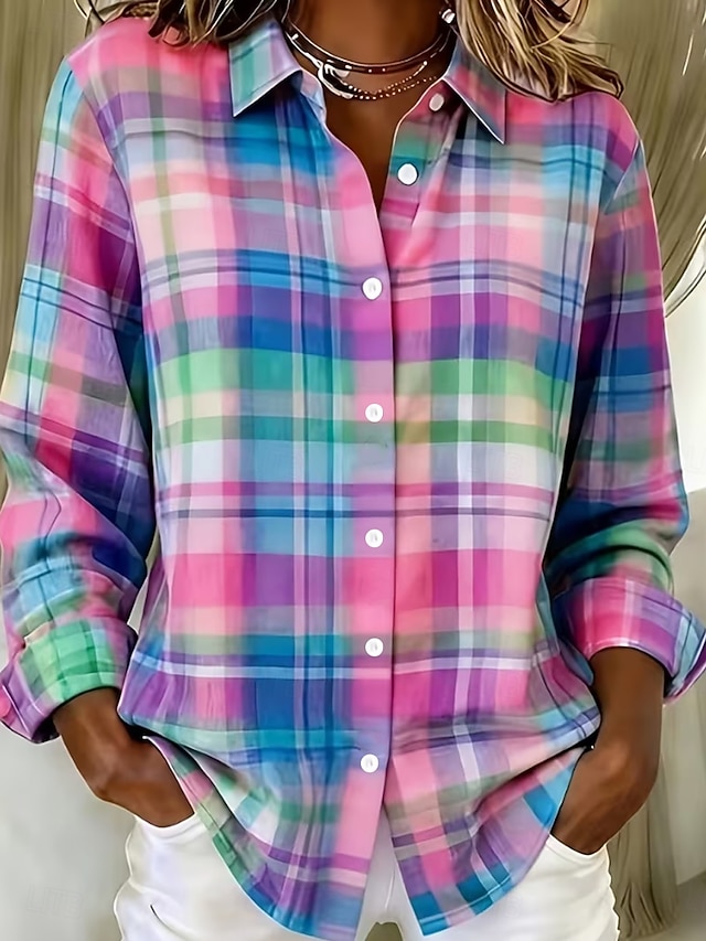 Women's Shirt Buttons Print Graphic Plaid Vintage Stylish Modern Long Sleeve Shirt Collar Crop Tops Casual Daily Pink Sky Blue Dark Green Green Spring Fall - Pink