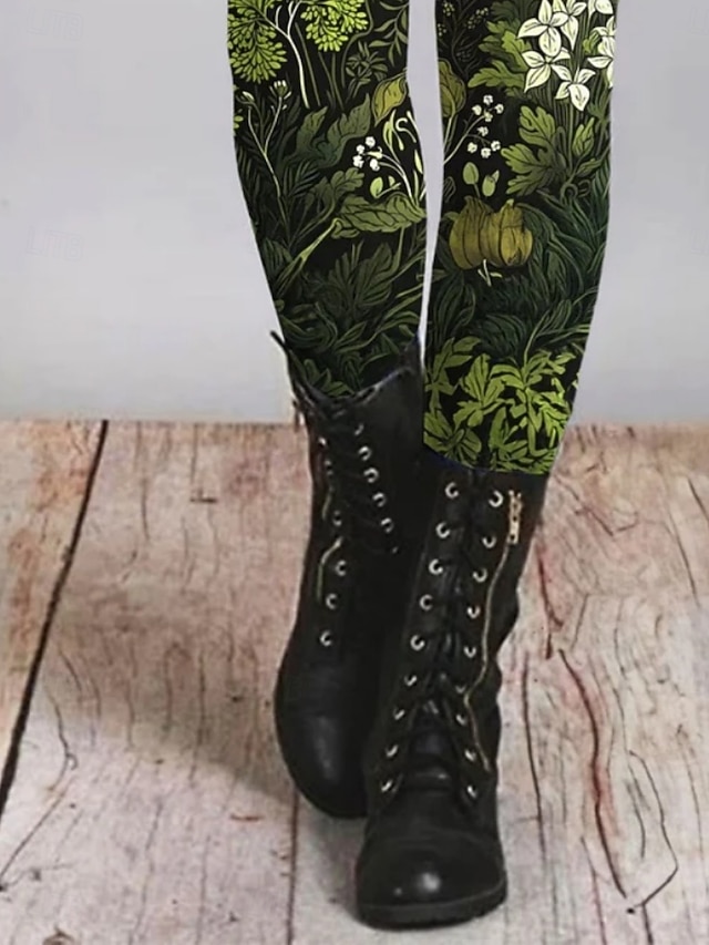 Women's Pants Trousers Leggings Cozy Leggings Streetwear Casual Full Length High Waist Floral Elastic Waist Print Breathability Comfortable Stretchy Vacation Street Daily Wear Green Summer Spring Fall - Green