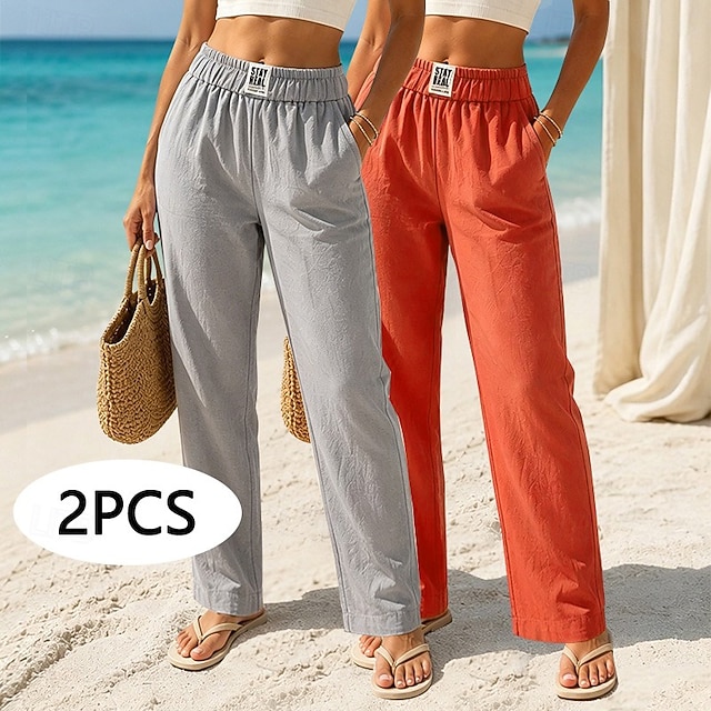 Multi Packs 2pcs Women's Cotton Linen Pants Trousers Casual Pants Summer Pants Vacation Fashion Streetwear Full Length High Waist Plain Pocket Elastic Waist Comfort Breathability Comfortable - Red+Gray